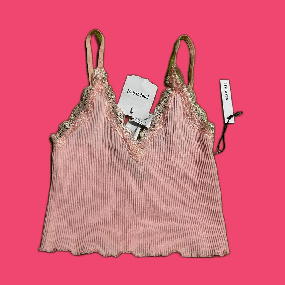 Pink lace trim camisole with a lettuce hem